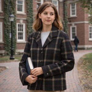 Lauren Ralph Lauren Plaid Pure Wool Jacket Womens Sz 8 Equestrian Suede Elbow